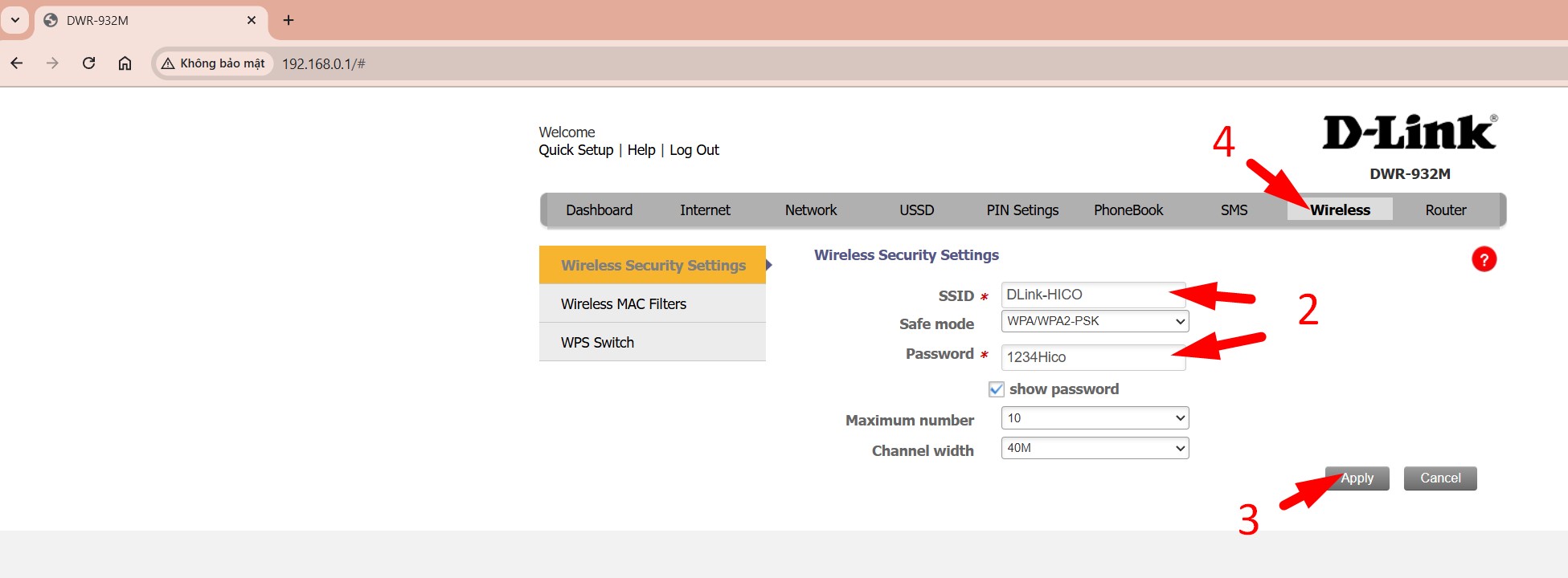 Trang đổi tên và mật khẩu Wi-Fi D-Link